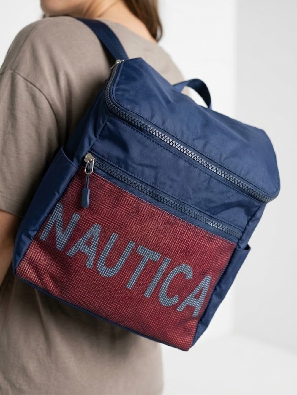 Nautica Navy Blue & Red Mesh Front Logo Backpack Travel Daypack